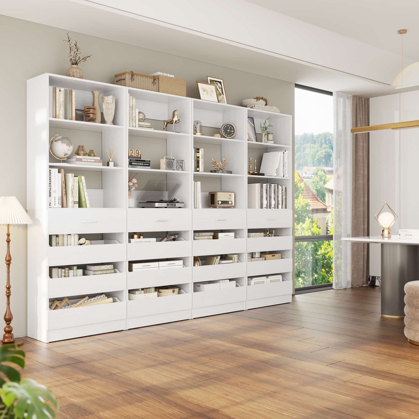 Modular Closet System 4-Pack, 12-24ft Expandable Walk-in Wardrobe Organizer with 16 Wooden Drawers & 16 Hanging Rods