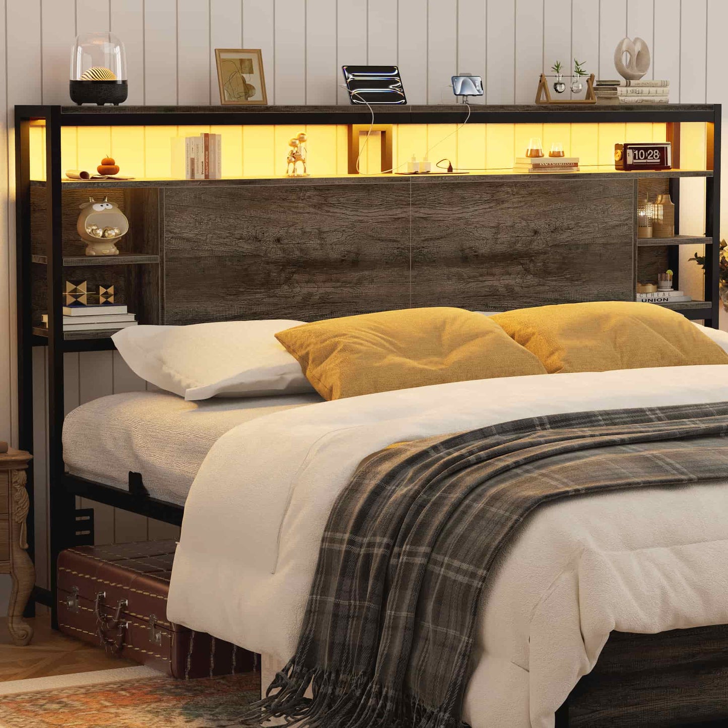 King Headboard with Storage, Headboards with Power Outlets and Smart LED Light, Sturdy Head Board for King Size Bed