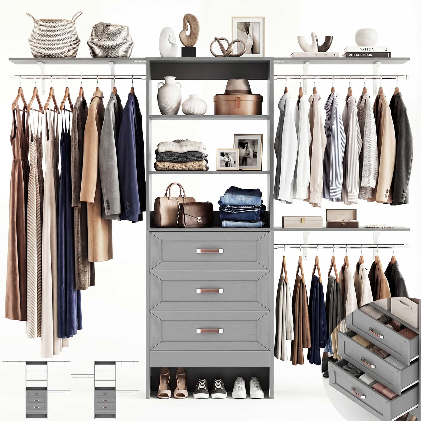96'' W Closet Organizer System With Wooden Drawers
