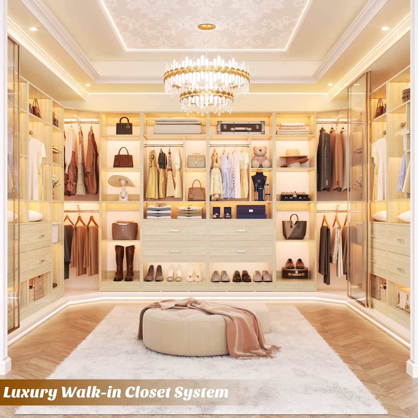 Closet System Closet Organizer, Wood Closet Organizer System,Walk-in Closet or Small Closets Wardrobe, Clothes Rack with Hanging Rods