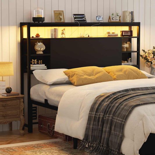 Full Headboard with Storage, Headboards with Power Outlets and Smart LED Light, Sturdy Head Board for Full Size Bed