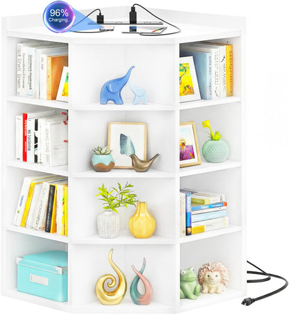5-Tier Corner Cabinet with Power Outlets & 12 Storage Cubes - Wooden L-Shaped Bookshelf, Toy Organizer