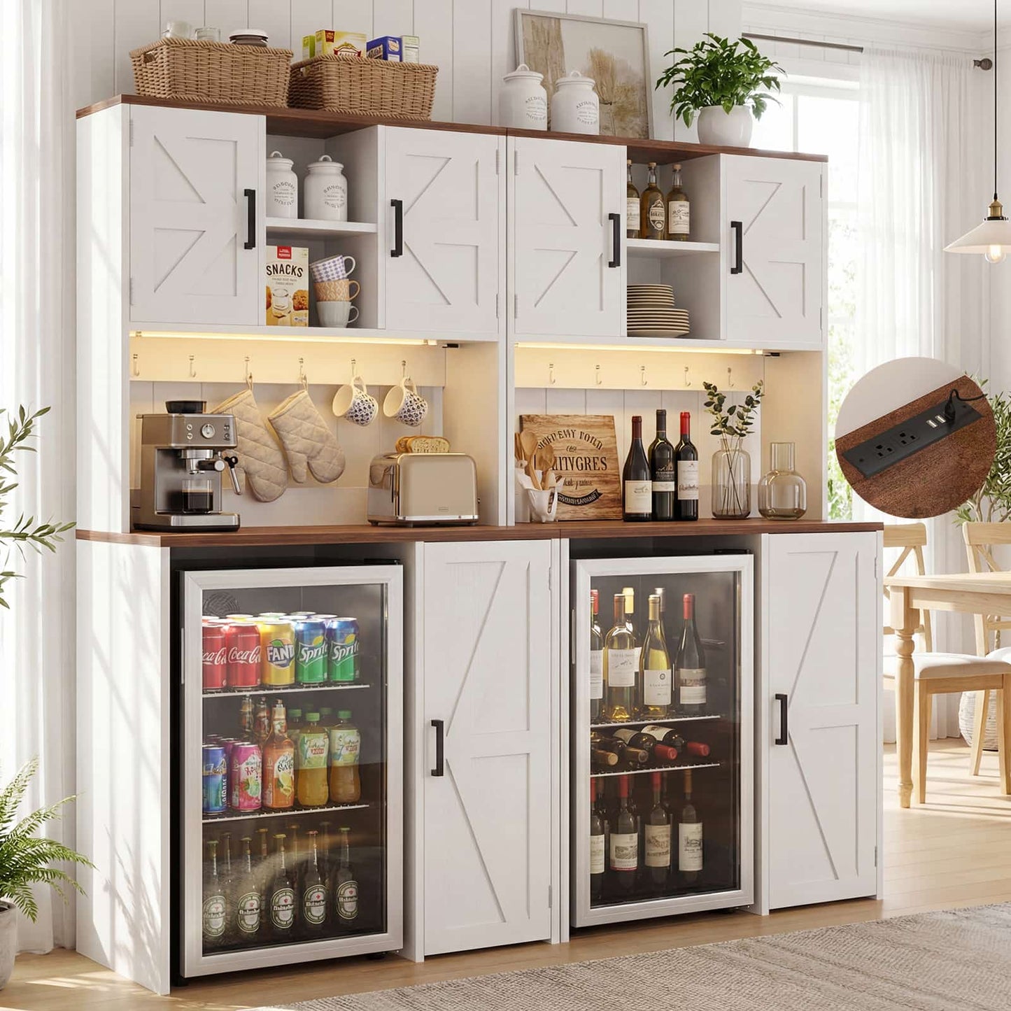 2-Piece Beverage Station Set - Mini Fridge Cabinet & Coffee Bar with Charging Hub, LED Light & Wine Storage