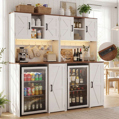 2-Piece Beverage Station Set - Mini Fridge Cabinet & Coffee Bar with Charging Hub, LED Light & Wine Storage