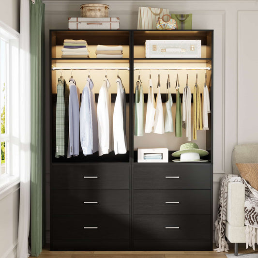 4FT (48 Inch) Closet Organizer System,Set of 2 - 6 Wood Drawers, 2 Hanging Rods & 2 Shelves