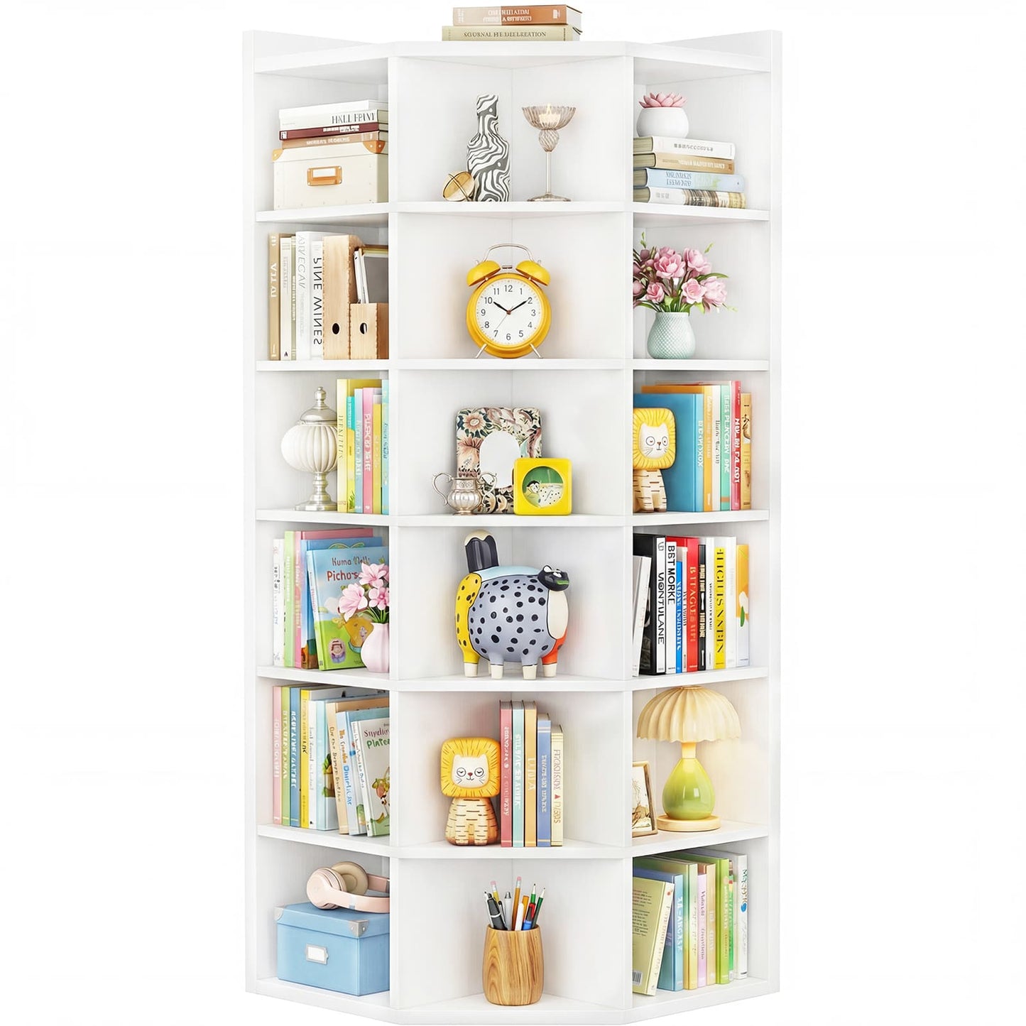 7-Tier Corner Cube Book Shelf - Wooden L-Shaped Storage Cabinet with Top Table for Small Spaces, Home Office, Bedroom, Living Room