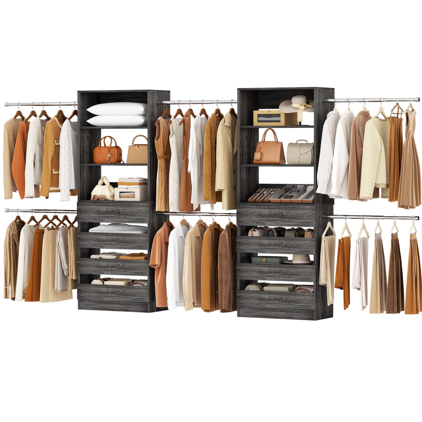 2-Pack Closet Organizer System: Dual 4-9Ft Adjustable Wardrobe Racks with 8 Wooden Drawers, Double Tower Storage, 8 Hanging Rods & Garment Racks ﻿