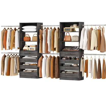 2-Pack Closet Organizer System: Dual 4-9Ft Adjustable Wardrobe Racks with 8 Wooden Drawers, Double Tower Storage, 8 Hanging Rods & Garment Racks ﻿