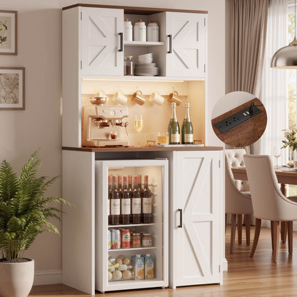 3-in-1 Mini Fridge Cabinet & Coffee Bar Station - with Power Outlet, LED Light, Microwave Shelf & Wine Storage