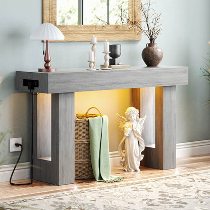 47" Console Table with Socket & Sensor Light, Narrow Entryway Table with Storage for Hallway/Living Room, Farmhouse Style