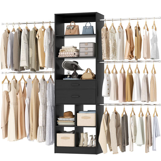 4-8 FT Walk-in Closet Organizer Tower, 2 Wooden Drawers + 5 Hang Rods, Built-in Shelves, Fit 60-96'' Closet Systems