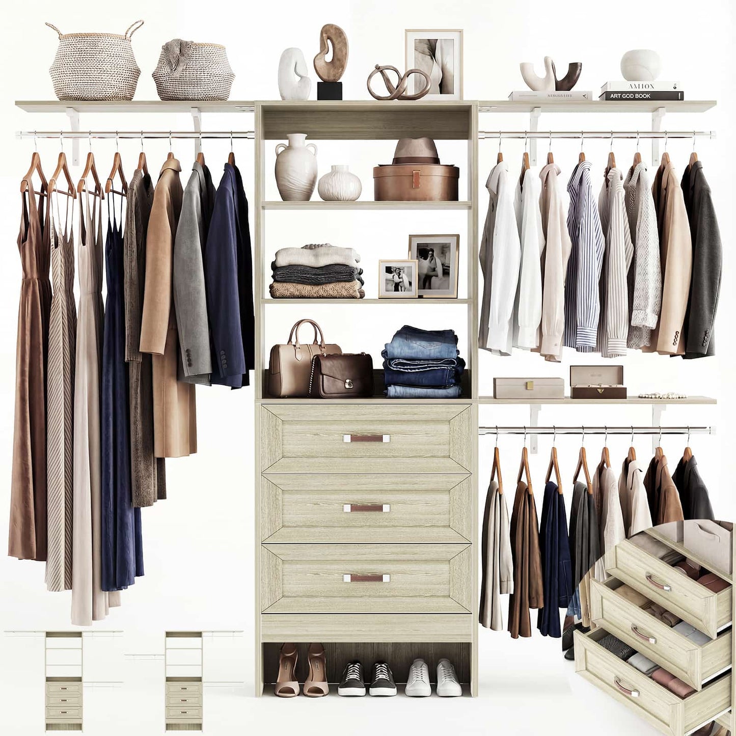 96'' W Closet Organizer System With Wooden Drawers