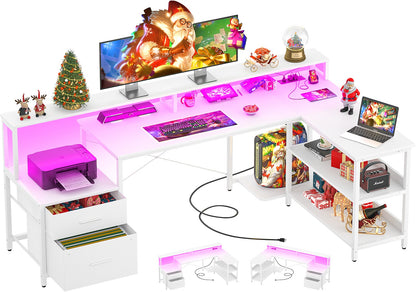 L Shaped Desk with File Drawer, 72.8" Reversible L Shaped Computer Desk with Power Outlet & LED Strip