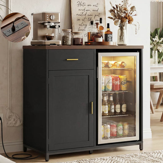 Coffee Bar Cabinet with Mini Fridge Space, Power Outlet, Drawer Storage and Wine Glass Holder - Versatile Liquor Wine Cabinet