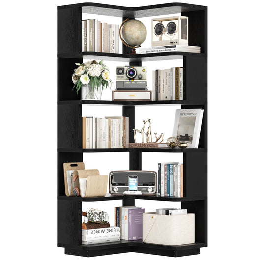 6-Tier Corner Bookshelf - L-Shaped Etagere Shelf with Baffles, Freestanding Storage for Living Room, Office, Bedroom