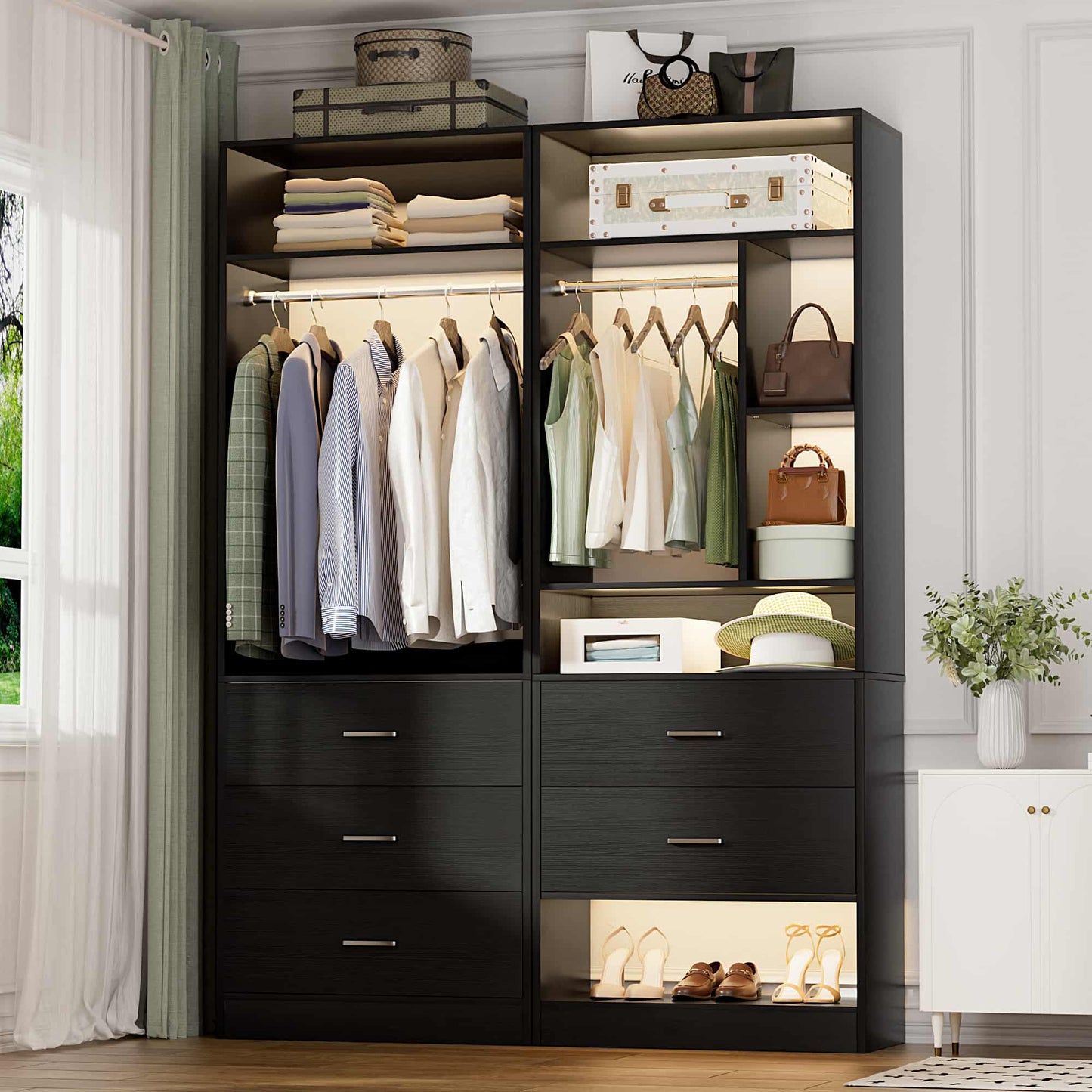 63.2" L X 39.2" W X 80" H Corner Closet System,Freestanding Closet Organizer System With 2 Drawers & 12 Shelves