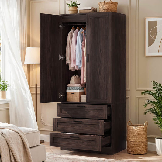 71" Tall Armoire Wardrobe Closet - 3 Drawers, Doors & Hanging Rod, Extra Deep 20" Bedroom Storage with Soft-Close Hinges