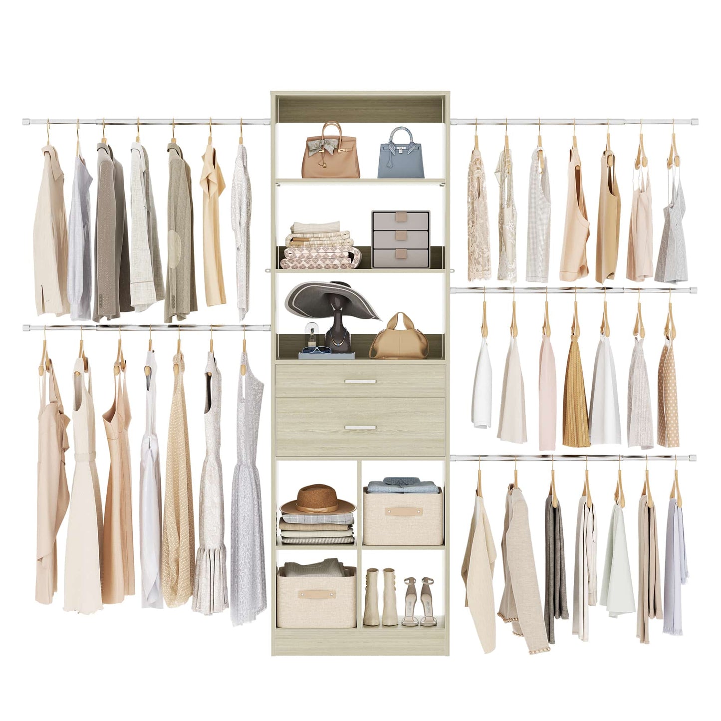 4-8 FT Walk-in Closet Organizer Tower, 2 Wooden Drawers + 5 Hang Rods, Built-in Shelves, Fit 60-96'' Closet Systems