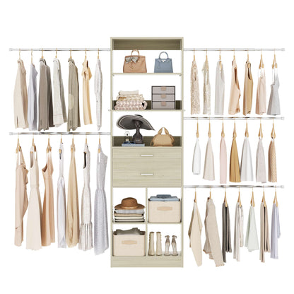 4-8 FT Walk-in Closet Organizer Tower, 2 Wooden Drawers + 5 Hang Rods, Built-in Shelves, Fit 60-96'' Closet Systems
