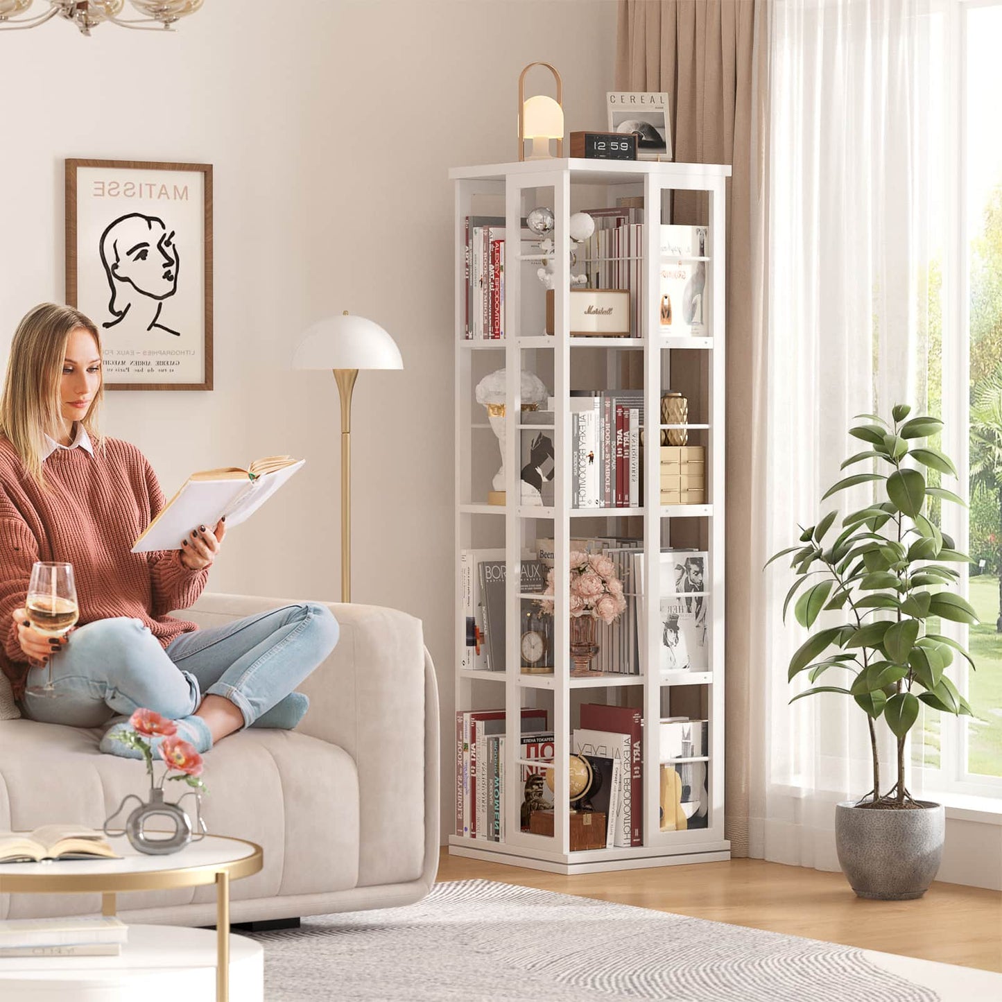 Rotating Bookshelf, Corner Bookshelf, 360 Display Wood Spinning Bookshelf