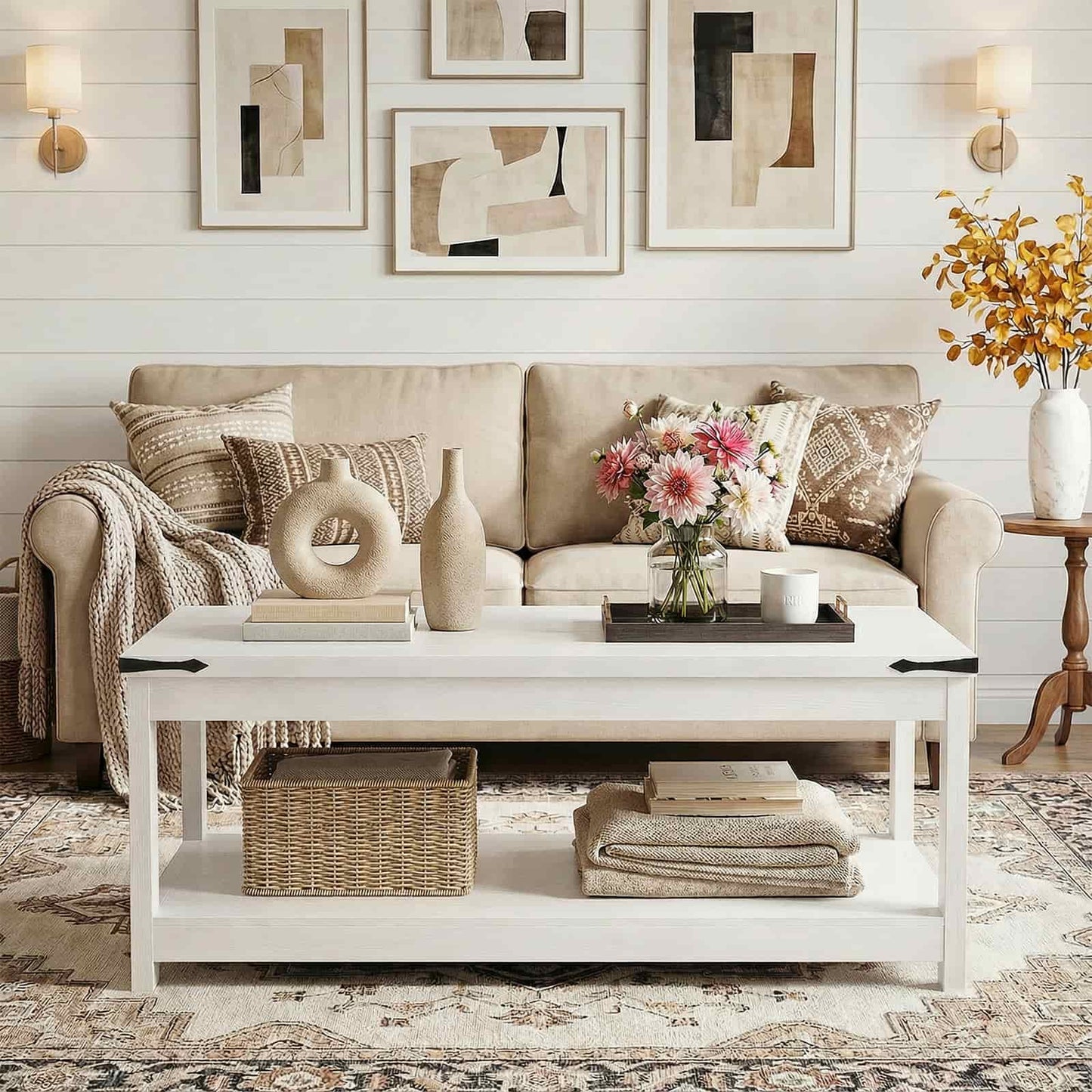 43.3” Farmhouse Wood Coffee Table with Storage Shelf, Modern Center Table for Living Room