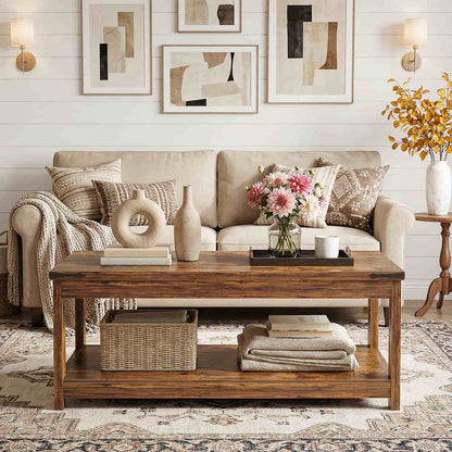 43.3” Farmhouse Wood Coffee Table with Storage Shelf, Modern Center Table for Living Room