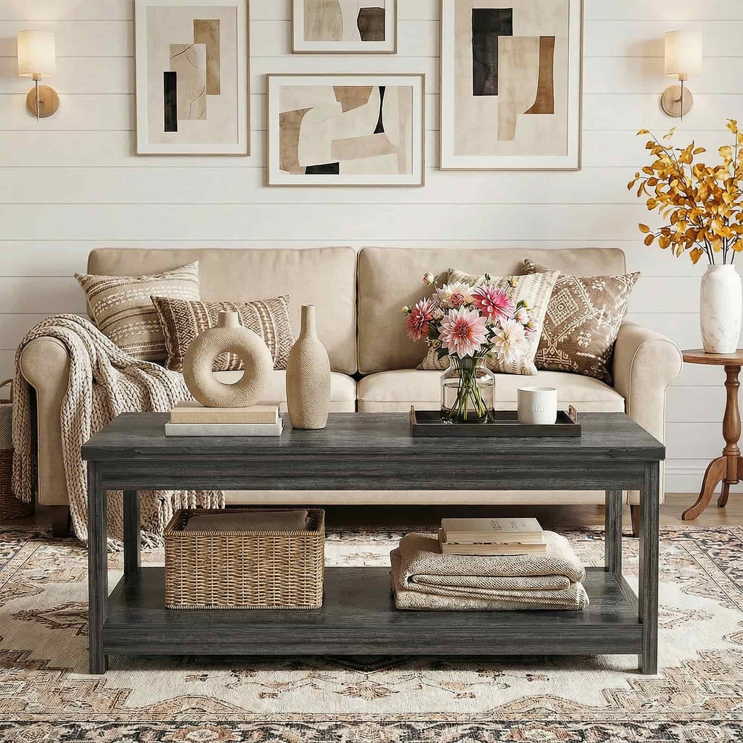 43.3” Farmhouse Wood Coffee Table with Storage Shelf, Modern Center Table for Living Room