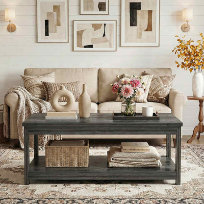 43.3” Farmhouse Wood Coffee Table with Storage Shelf, Modern Center Table for Living Room