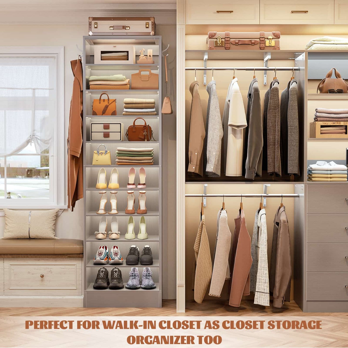 Tall Shoe Cabinet, 10 Tiers Narrow Wood Shoe Rack