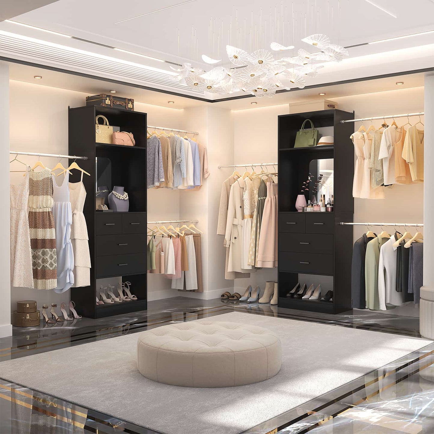8FT Walk in Closet Systems Starter Kit with 25” Tower and 3 Extendable Hanging Rods