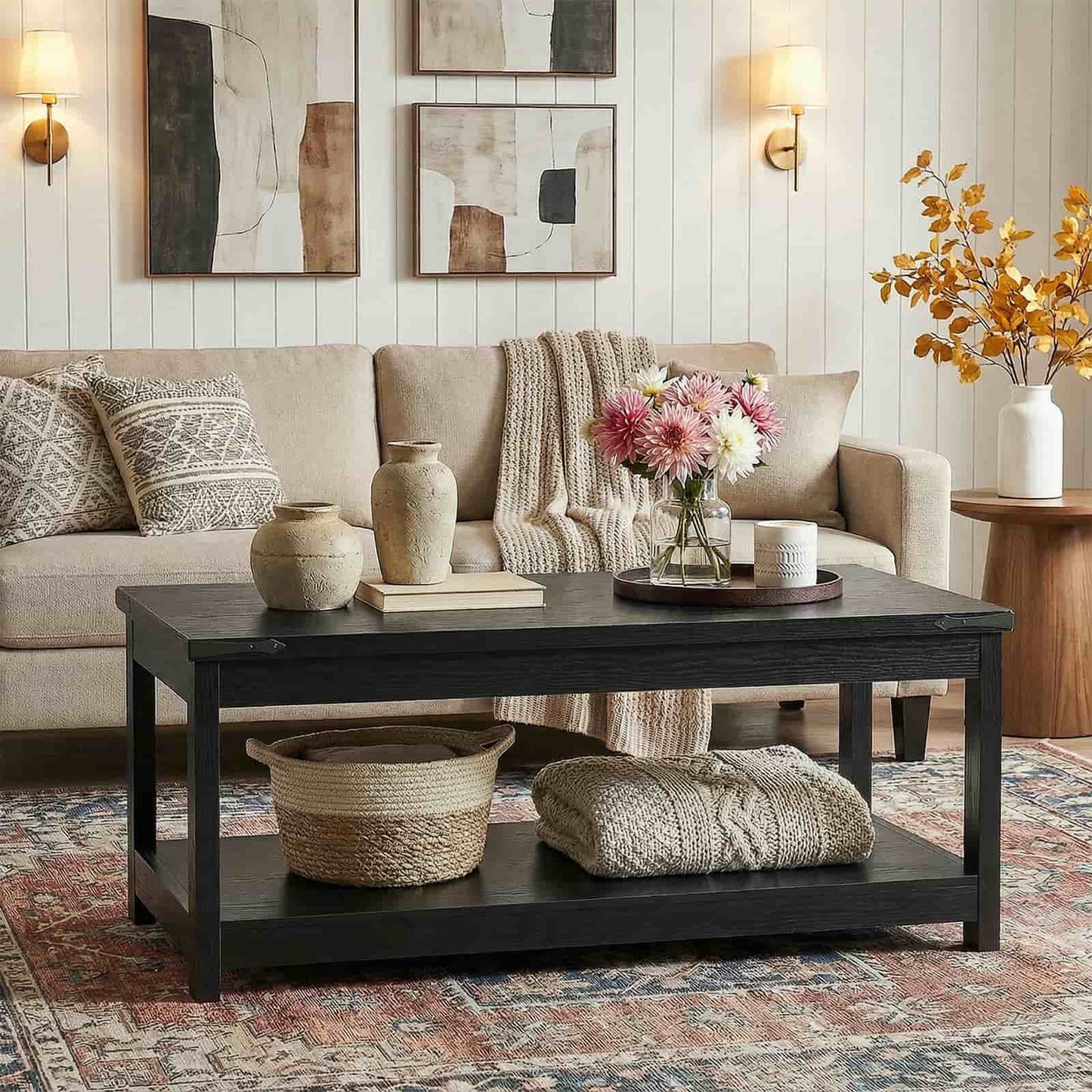 43.3” Farmhouse Wood Coffee Table with Storage Shelf, Modern Center Table for Living Room