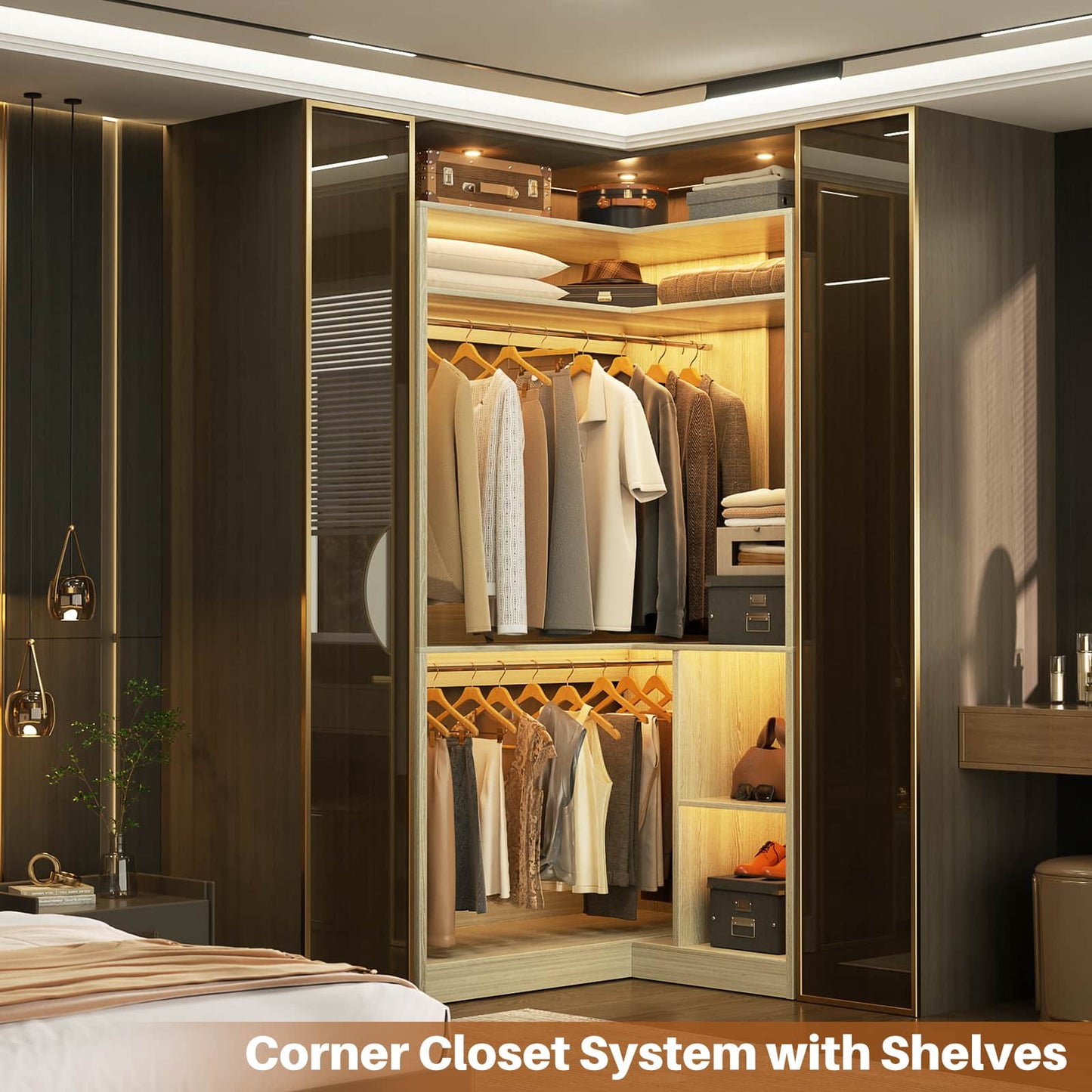 34’’ Corner Closet System with Shelves and Hanging Rods