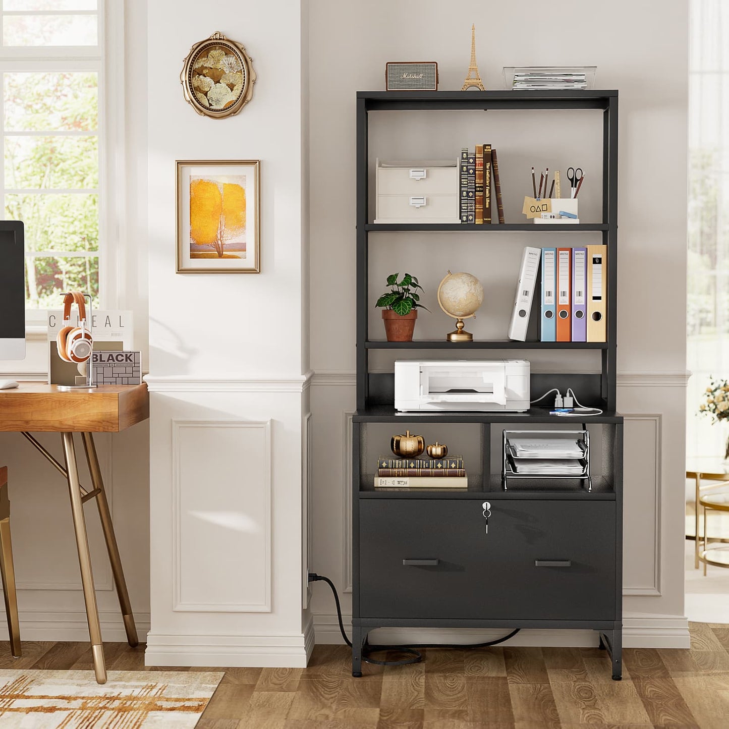 File Cabinet with Charging Station, Vertical Filing Cabinet with Lock & Large Drawer
