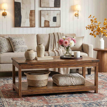 43.3” Farmhouse Wood Coffee Table with Storage Shelf, Modern Center Table for Living Room
