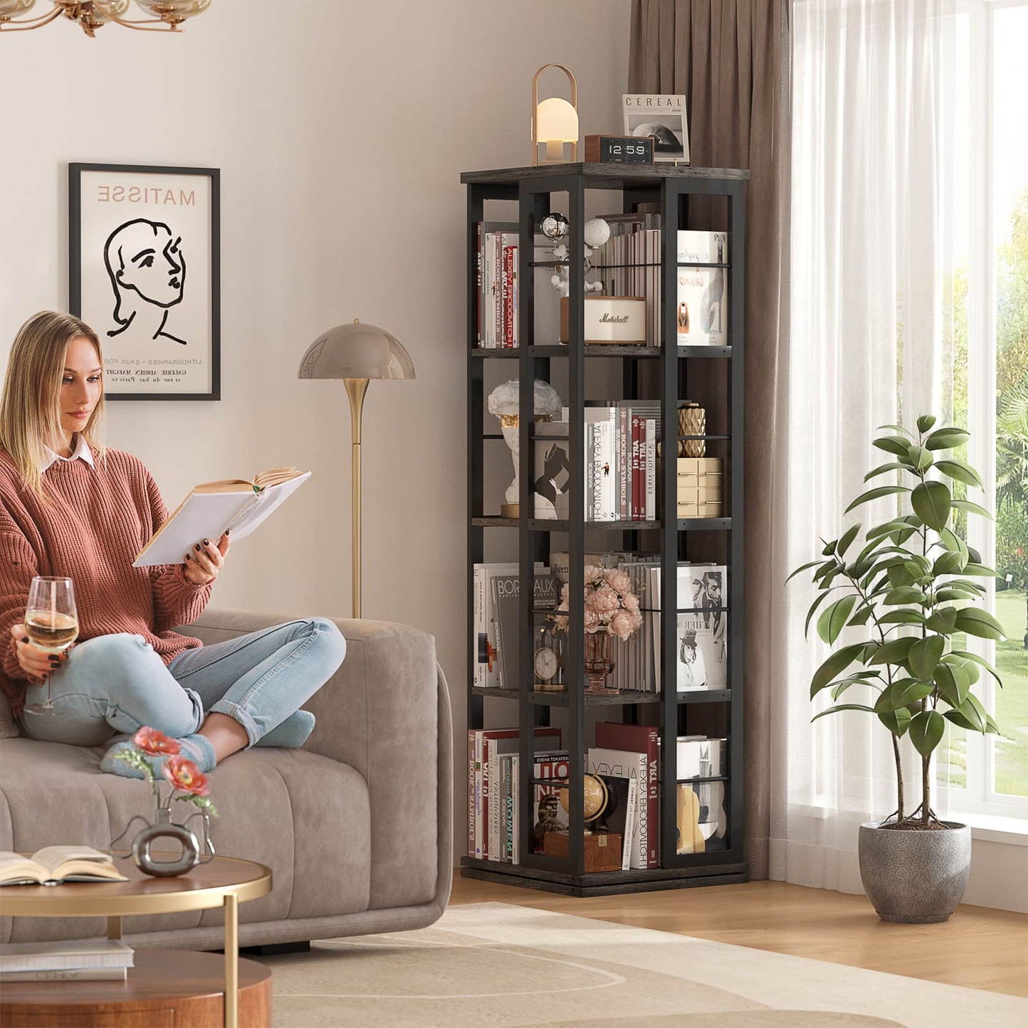 Rotating Bookshelf, Corner Bookshelf, 360 Display Wood Spinning Bookshelf