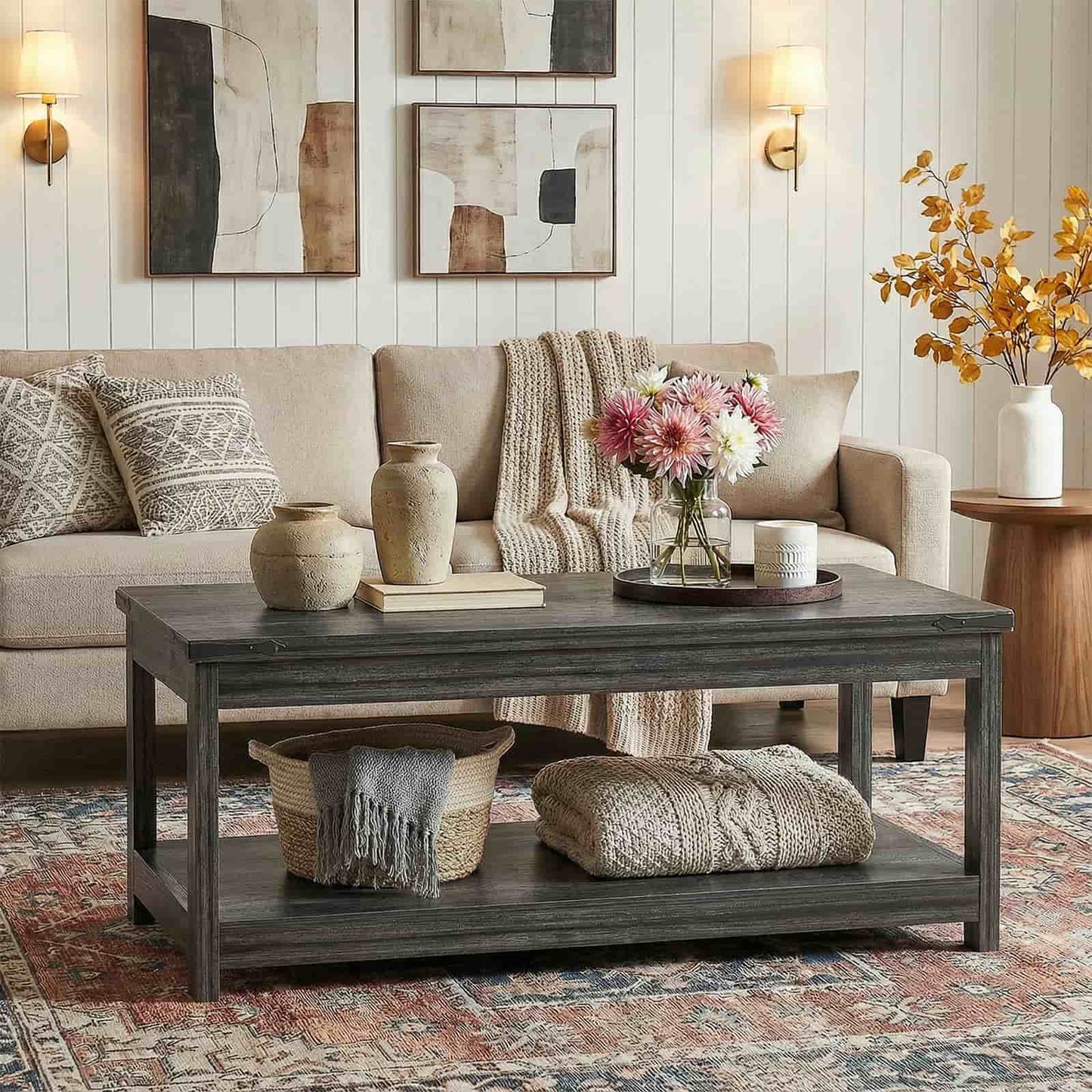 43.3” Farmhouse Wood Coffee Table with Storage Shelf, Modern Center Table for Living Room