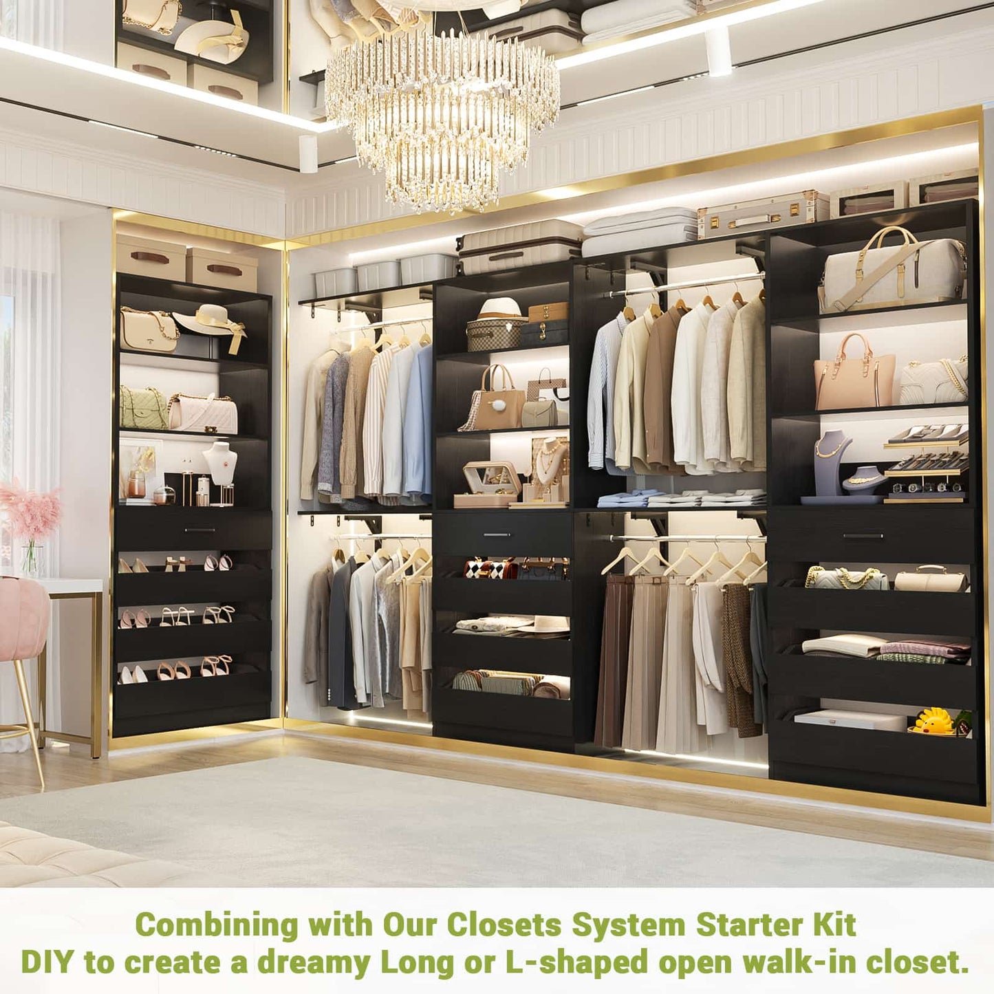 Space-Saving Modular Closet Organizer System with 4 Drawers & Adjustable Shelves - Wood Storage Cabinet
