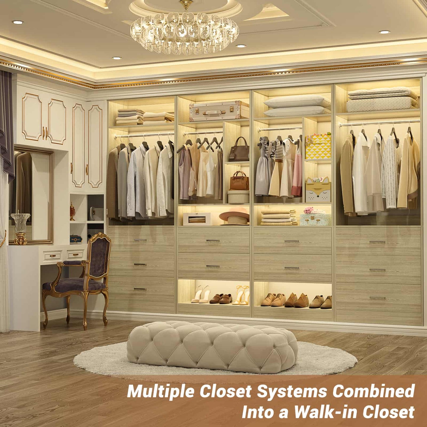 63.2" L X 39.2" W X 80" H Corner Closet System,Freestanding Closet Organizer System With 2 Drawers & 12 Shelves