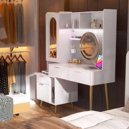 48" Makeup Vanity with Hutch, LED Lighted Mirror & Charging Station, 5 Large Drawers, Shelves, Pegboard & Cabinet