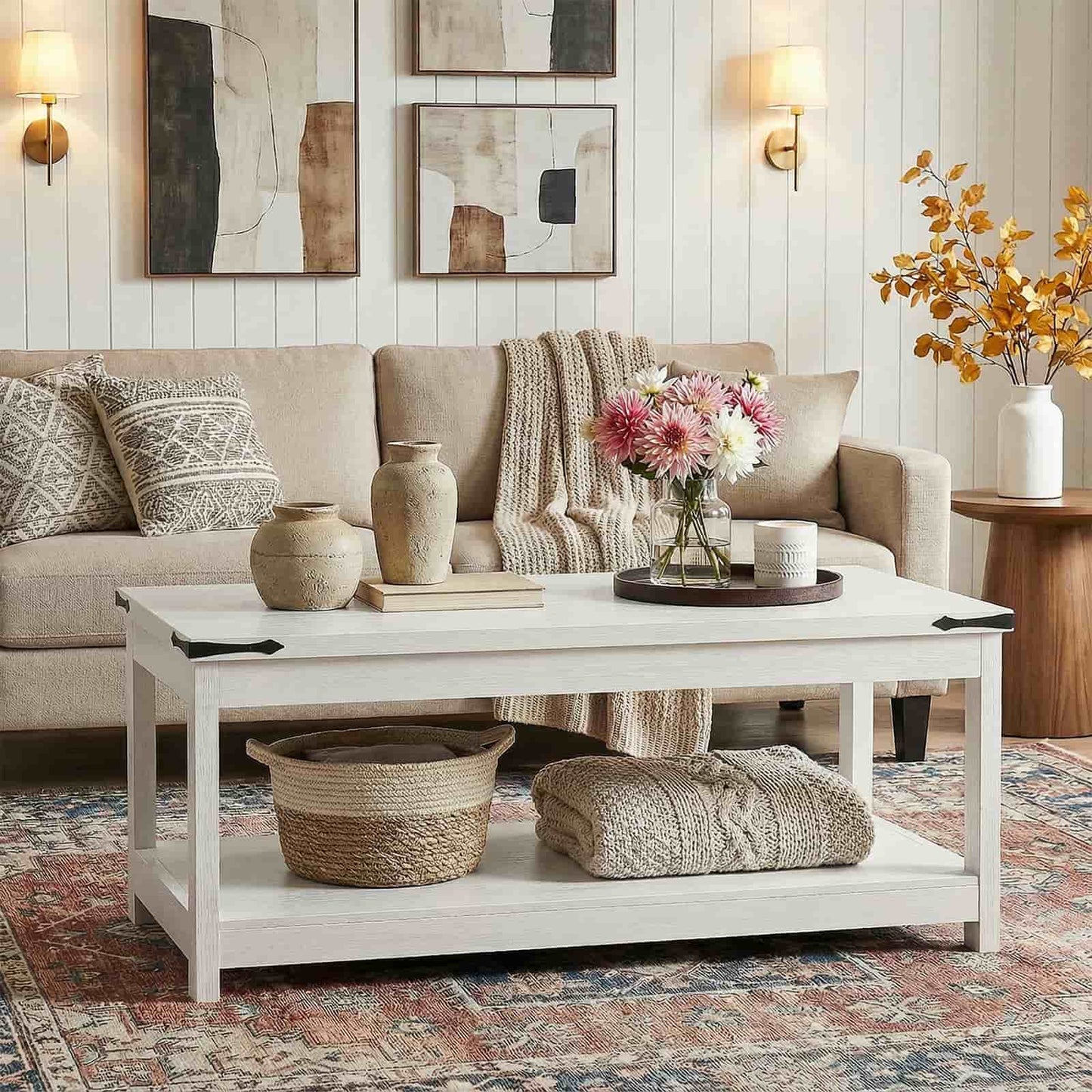 43.3” Farmhouse Wood Coffee Table with Storage Shelf, Modern Center Table for Living Room