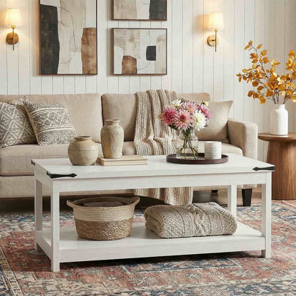 43.3” Farmhouse Wood Coffee Table with Storage Shelf, Modern Center Table for Living Room