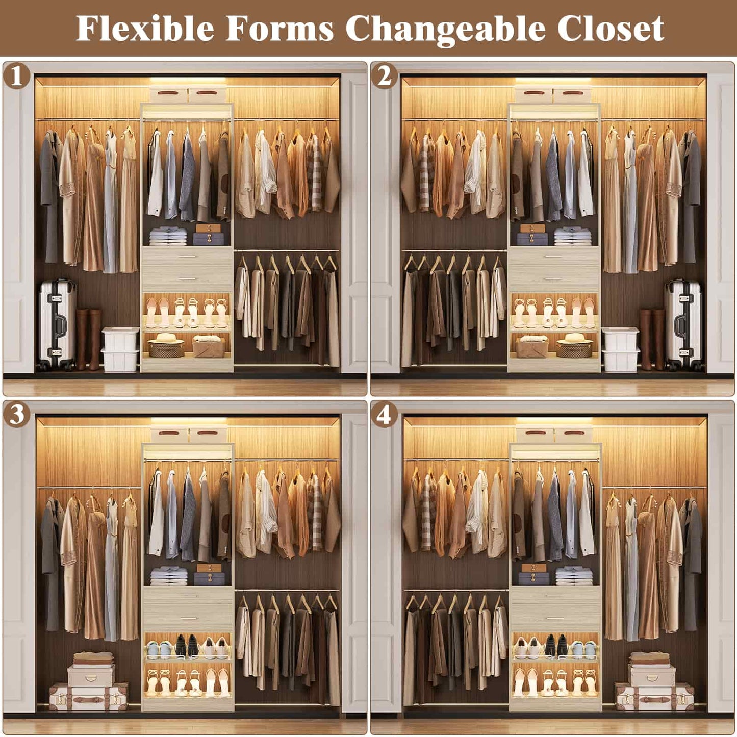 Closet System with Wooden Drawers, Adjustable Angled Shoe Rack