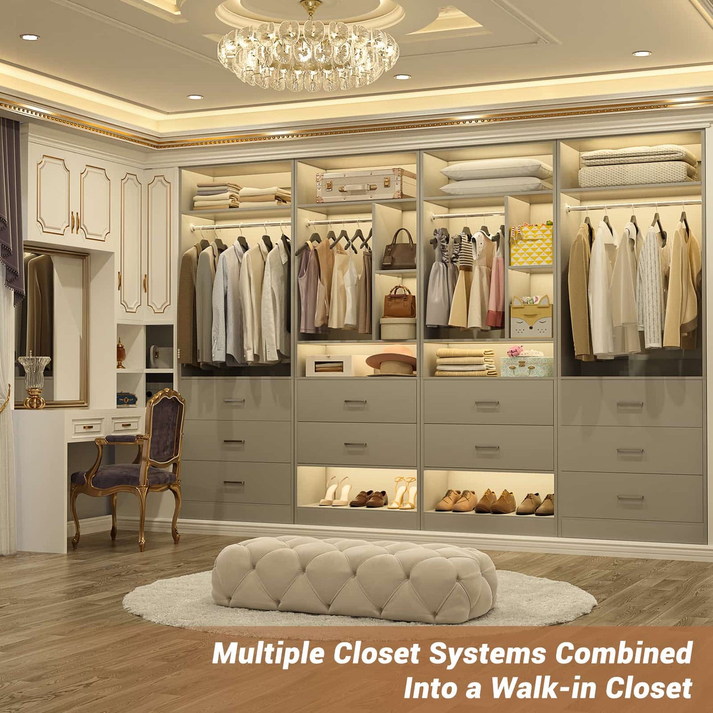 63.2" L X 39.2" W X 80" H Corner Closet System,Freestanding Closet Organizer System With 2 Drawers & 12 Shelves