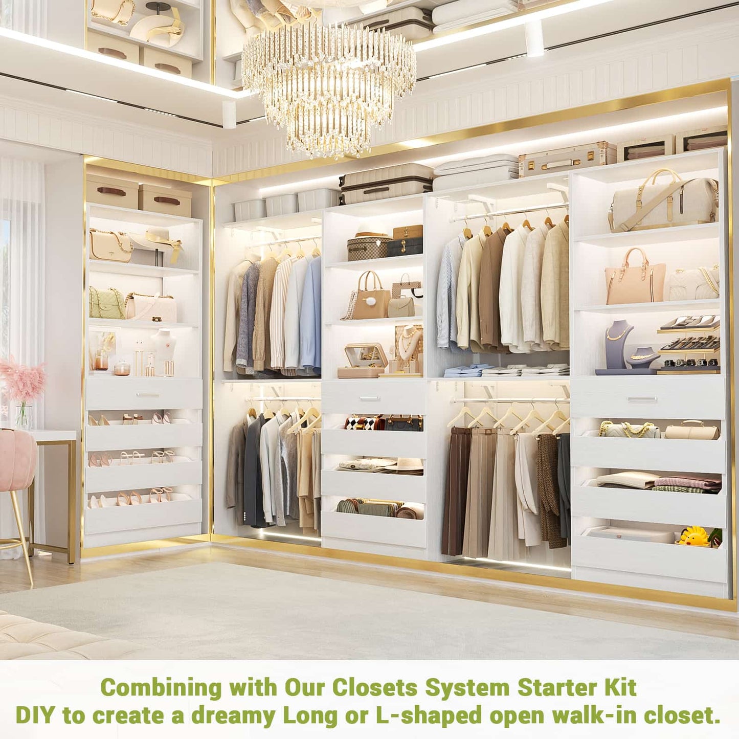 Space-Saving Modular Closet Organizer System with 4 Drawers & Adjustable Shelves - Wood Storage Cabinet