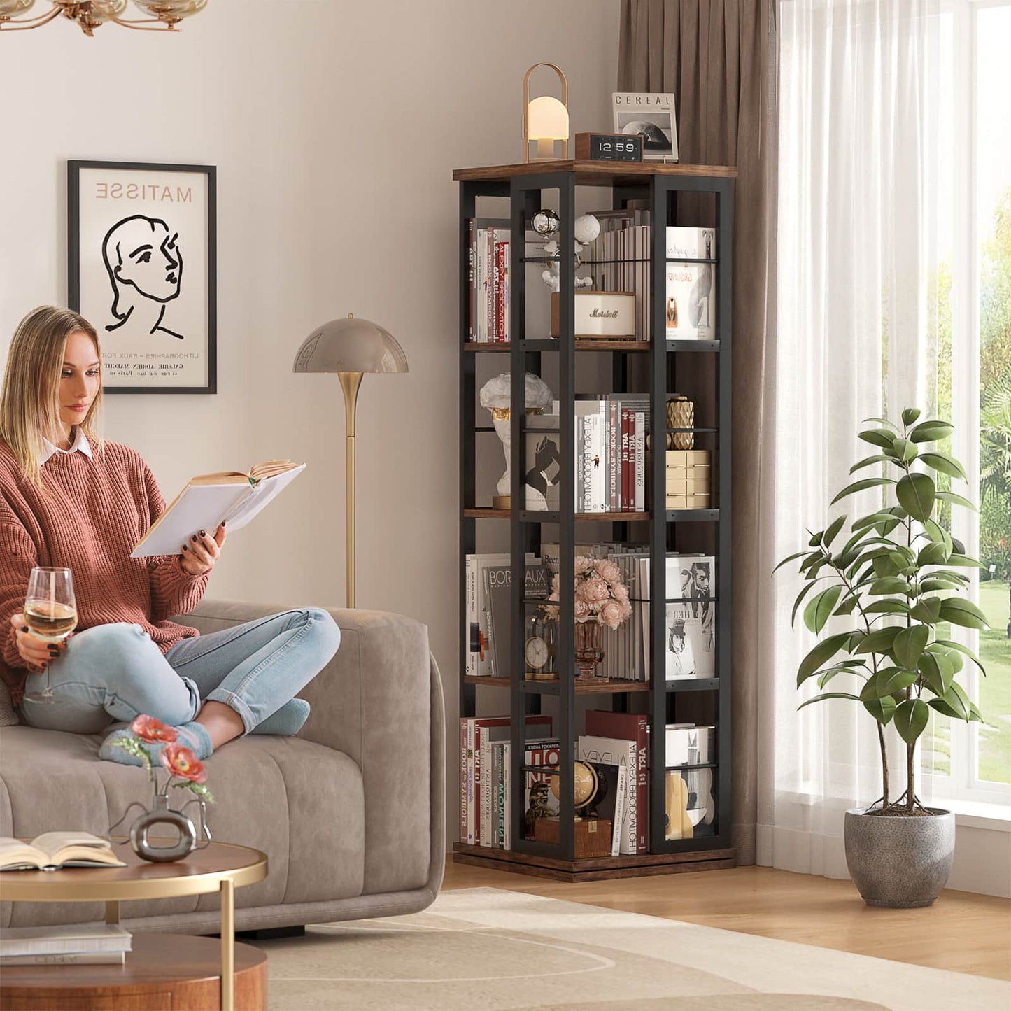 Rotating Bookshelf, Corner Bookshelf, 360 Display Wood Spinning Bookshelf
