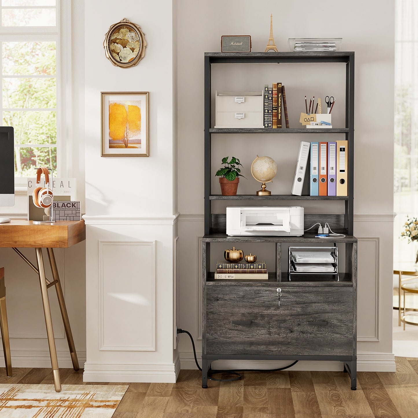File Cabinet with Charging Station, Vertical Filing Cabinet with Lock & Large Drawer