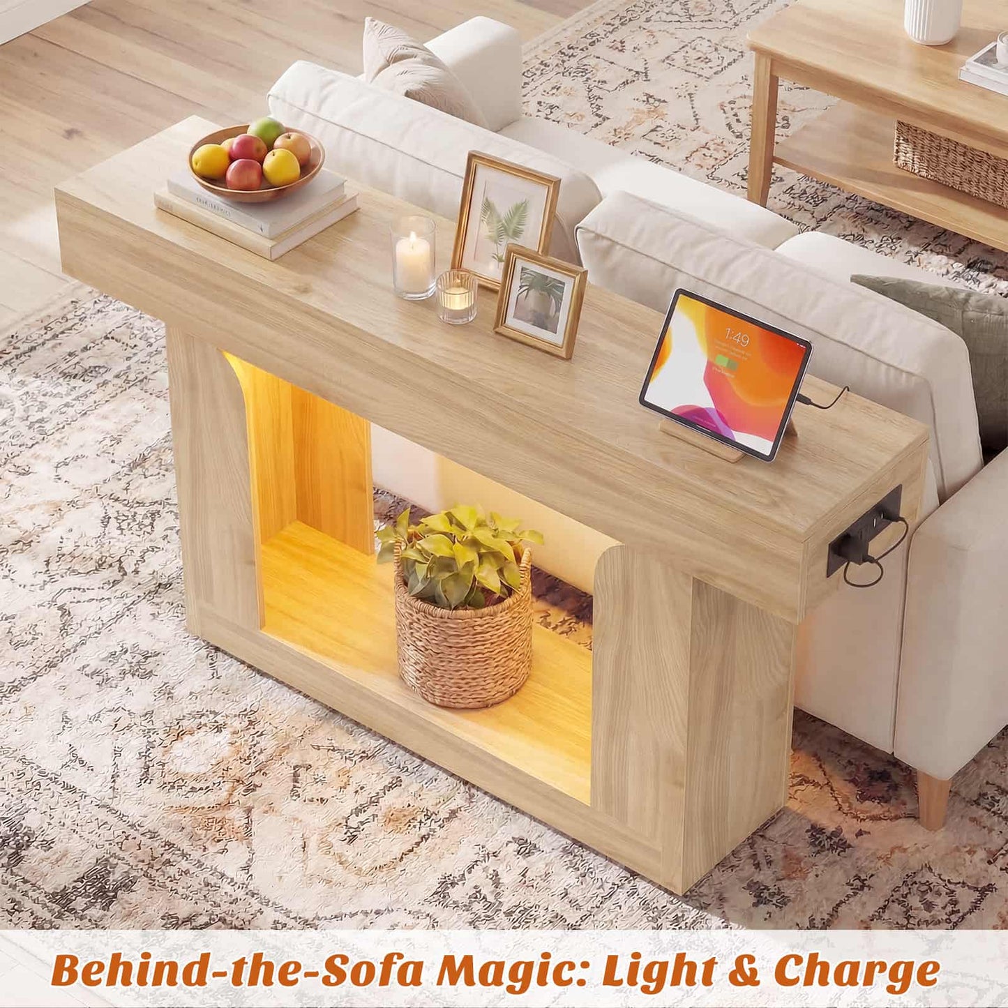 47" Farmhouse Console Table -LED Lights & Charging Station, Narrow Sofa Table for Entryway, Living Room, Foyer, Hallway