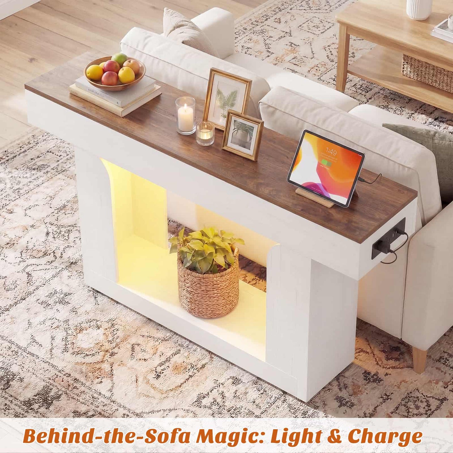 47" Farmhouse Console Table -LED Lights & Charging Station, Narrow Sofa Table for Entryway, Living Room, Foyer, Hallway