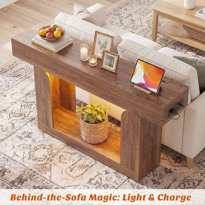 47" Farmhouse Console Table -LED Lights & Charging Station, Narrow Sofa Table for Entryway, Living Room, Foyer, Hallway