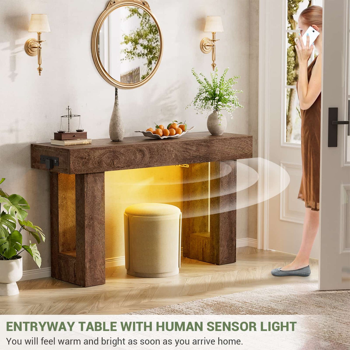 47" Console Table with Socket & Sensor Light, Narrow Entryway Table with Storage for Hallway/Living Room, Farmhouse Style